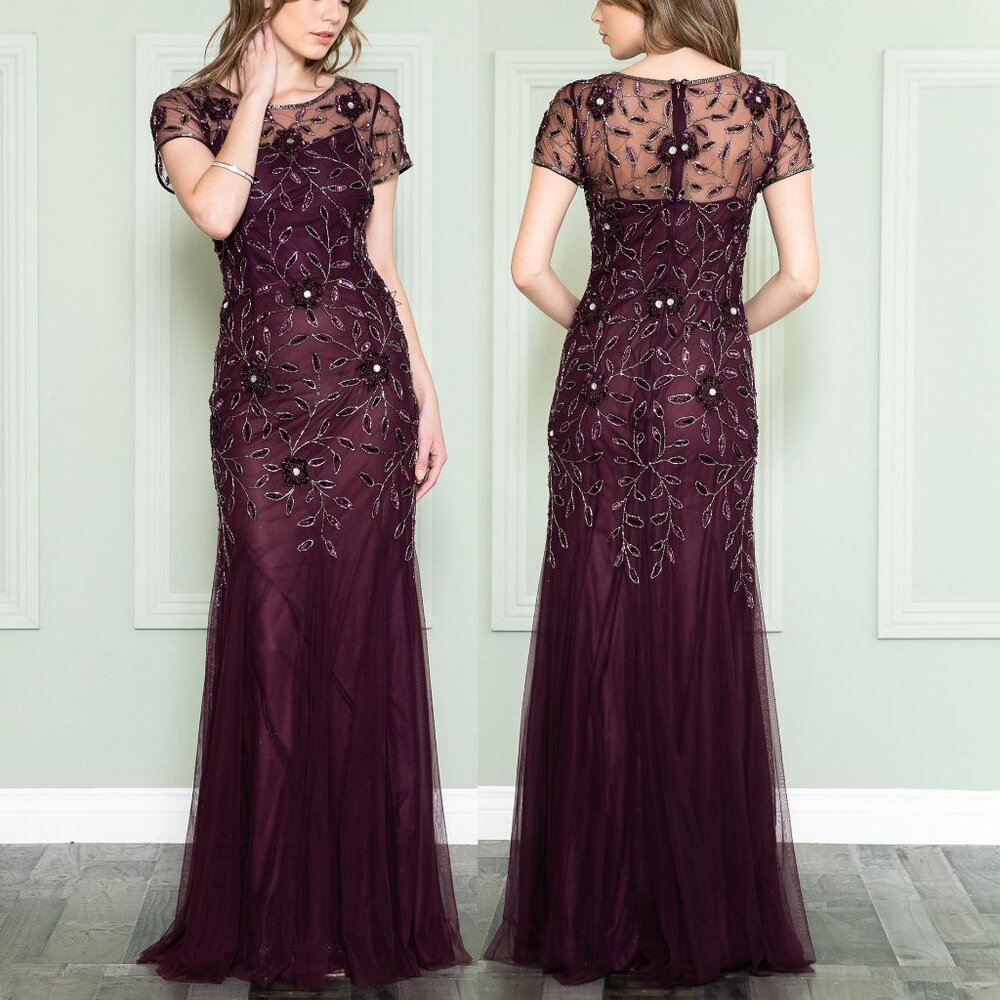 Eggplant Purple Sequin Floral Chiffon Formal Wedding Evening Dress 6